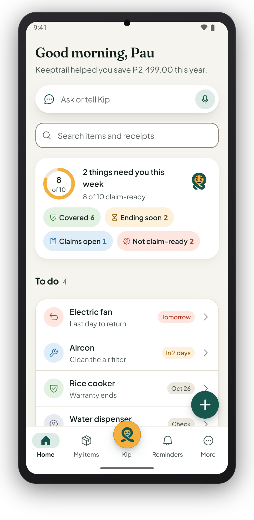 Keeptrail's Home: 8 of 10 items claim-ready, and a To do list with an electric fan's last day to return.