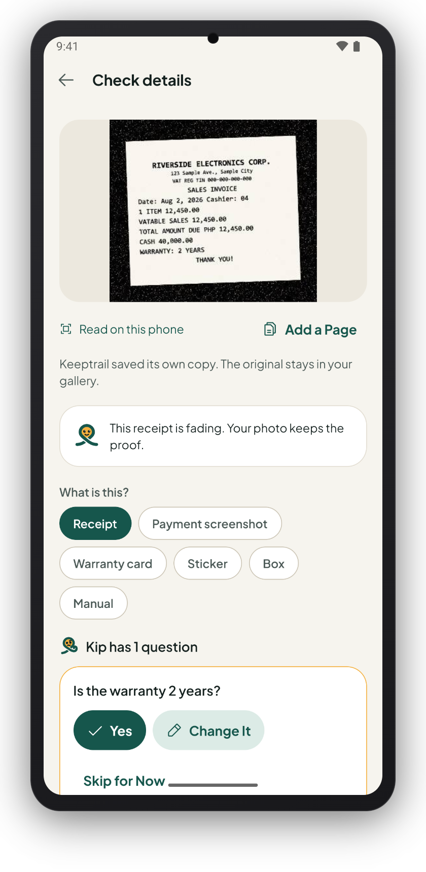 Check details: a receipt photo read on the phone, with Kip asking whether the warranty is 2 years.
