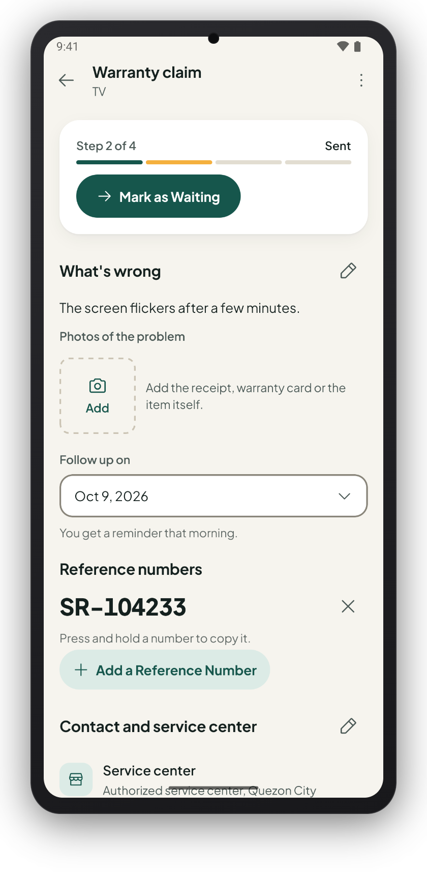 A warranty claim at step 2 of 4, with a follow-up date and the reference number SR-104233.