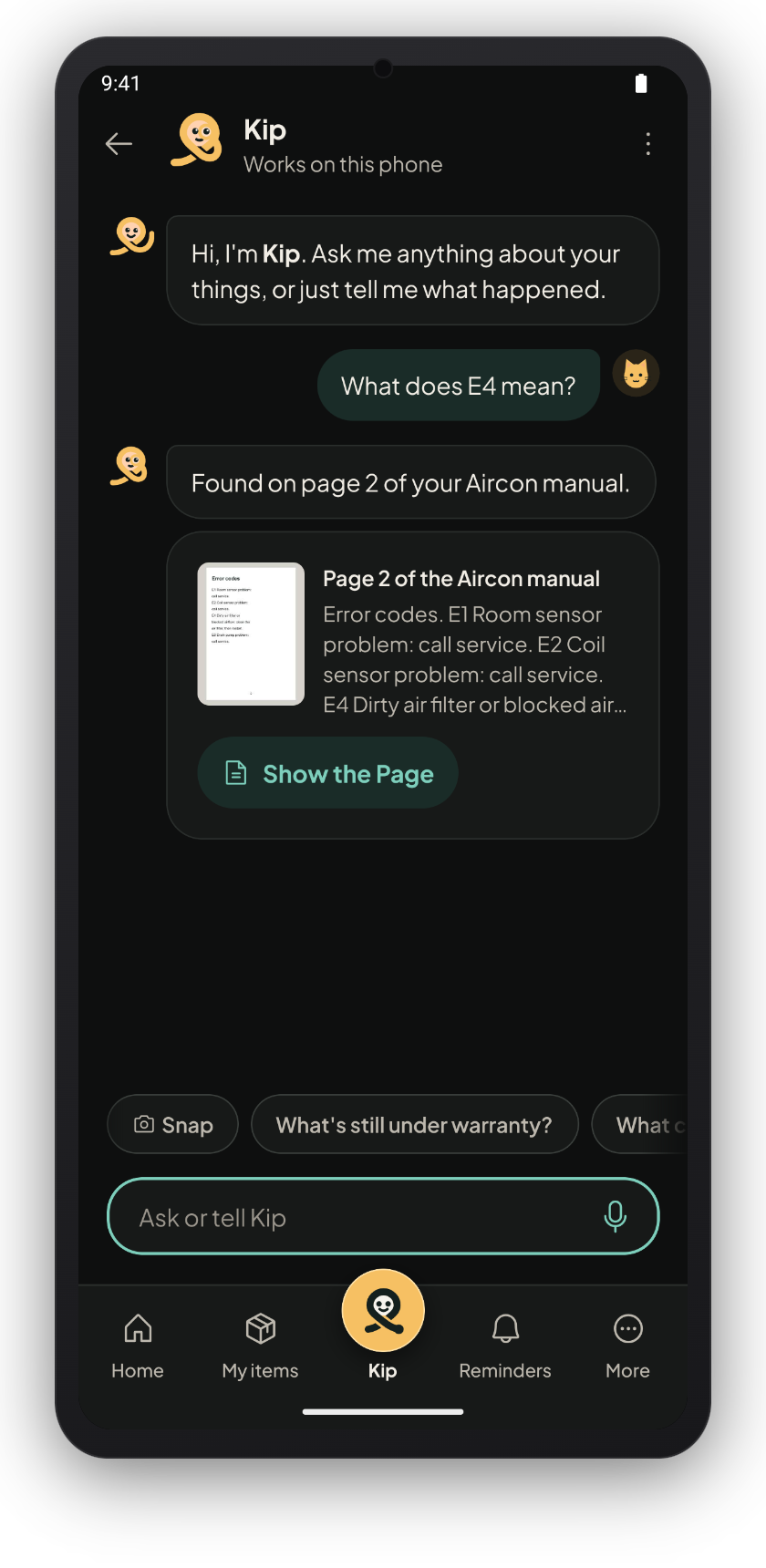 Kip in dark mode with airplane mode on, answering from page 2 of the aircon manual.