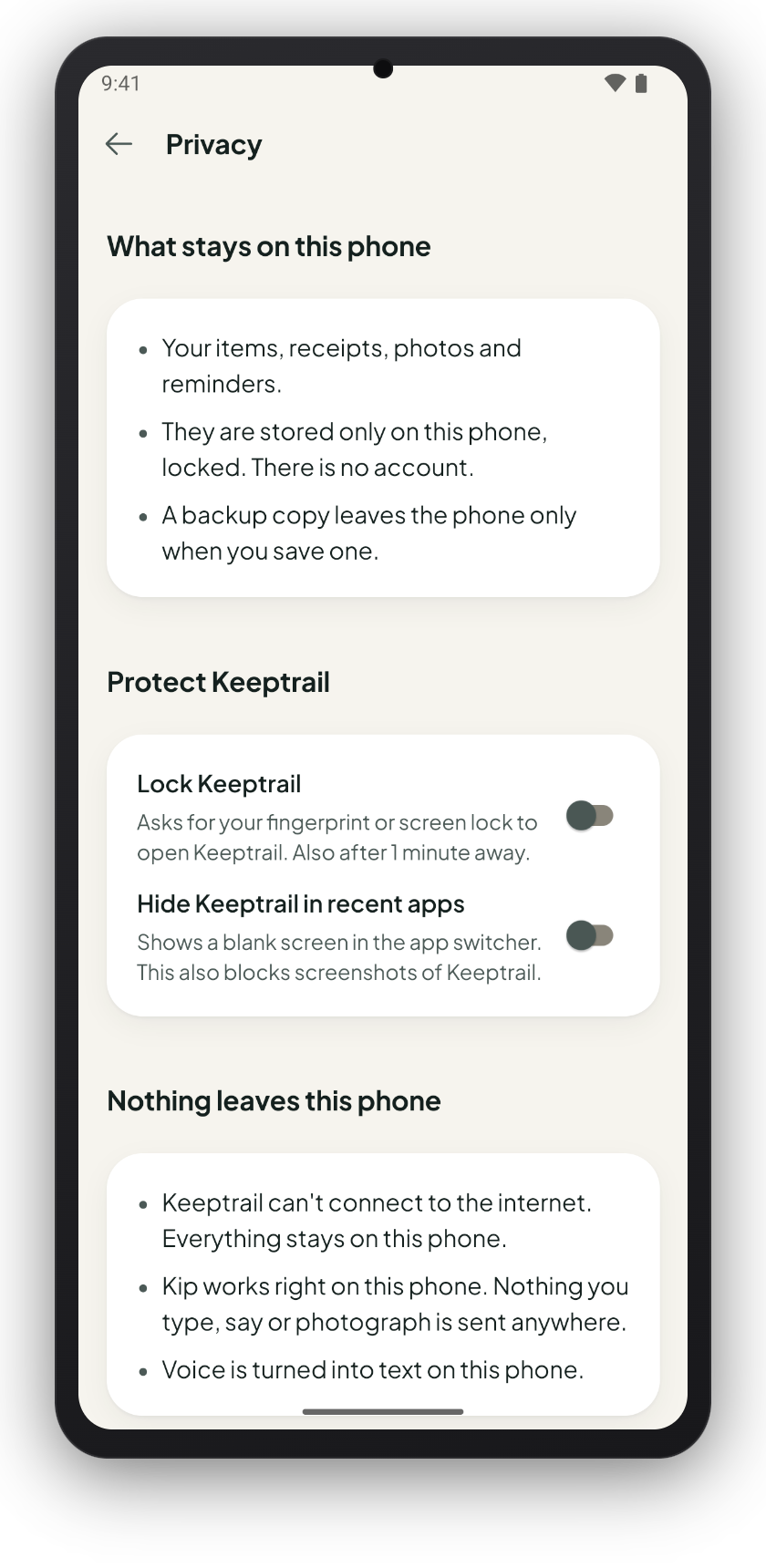 Keeptrail's Privacy screen: what stays on this phone, Lock Keeptrail, and 'Nothing leaves this phone'.